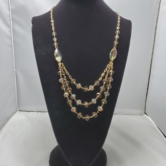 gold link chain topaz beaded 3 row layered necklace - Picture 1 of 7